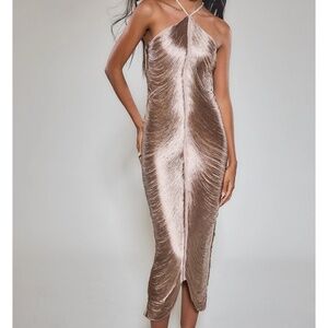 Rare London Gold Fringe Detail Halter Maxi Dress